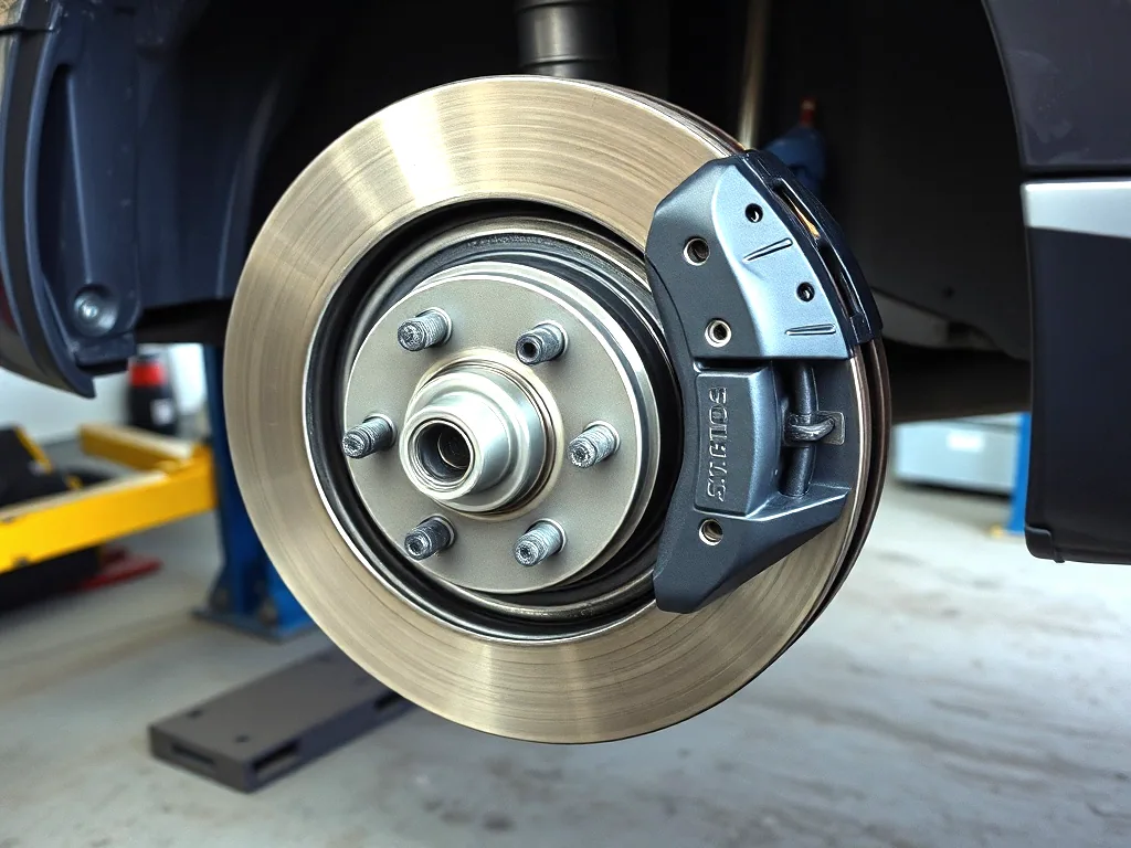 A brake rotor and caliper with the wheel removed on a car raised on a shop lift, a clean new rotor face, concrete floor below.