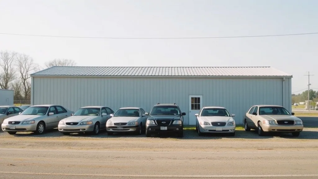 A small independent used car lot on a rural highway, a row of ordinary sedans and pickups parked on gravel in front of a plain metal building, flat morning light.