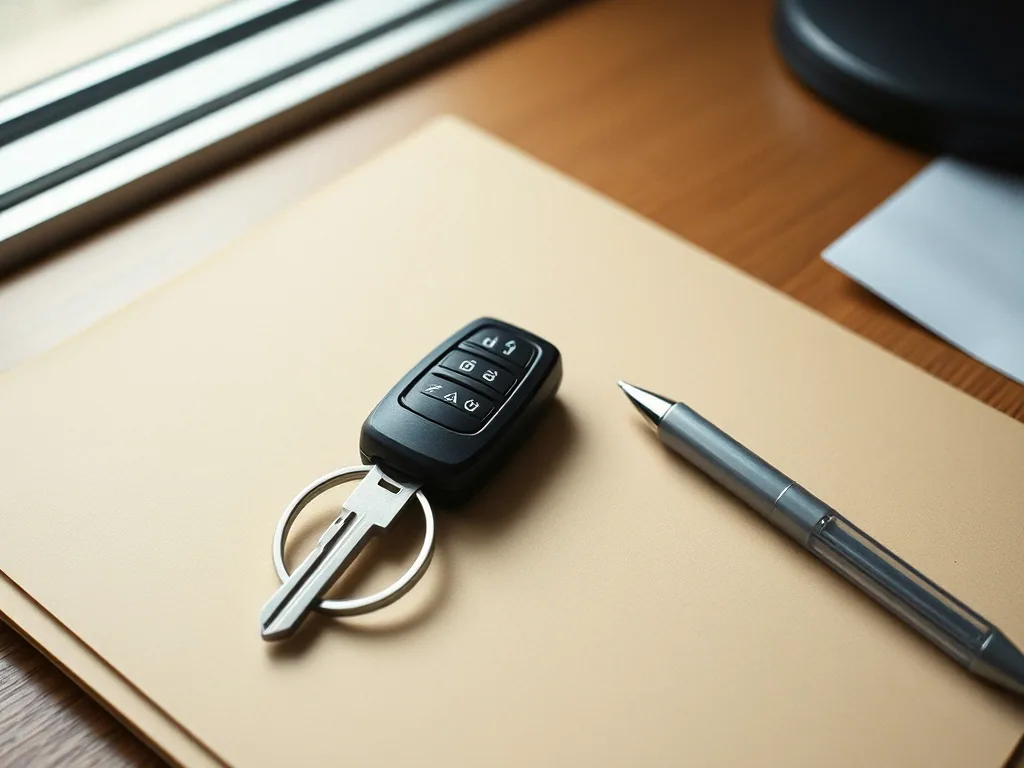 A single car key on a plain ring lying on a manila folder on a worn desk, a pen beside it, window light from the left.