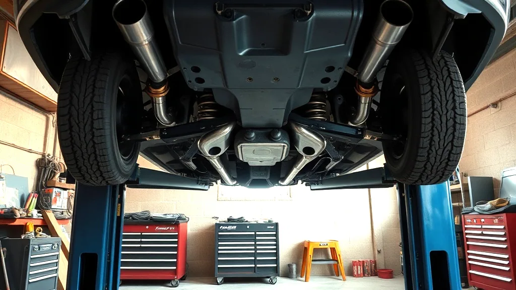 Looking up at the underside of a car on a two post lift, exhaust and suspension arms exposed, tool chests along the wall beyond.