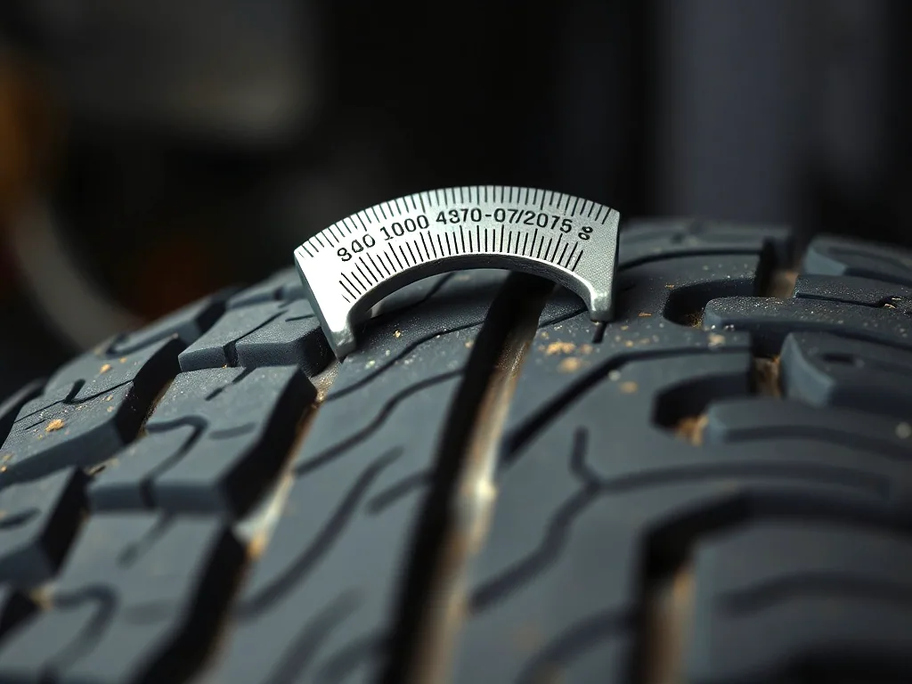 A metal tread depth gauge pressed into the groove of a tire, very close crop, the worn rubber blocks either side of it.